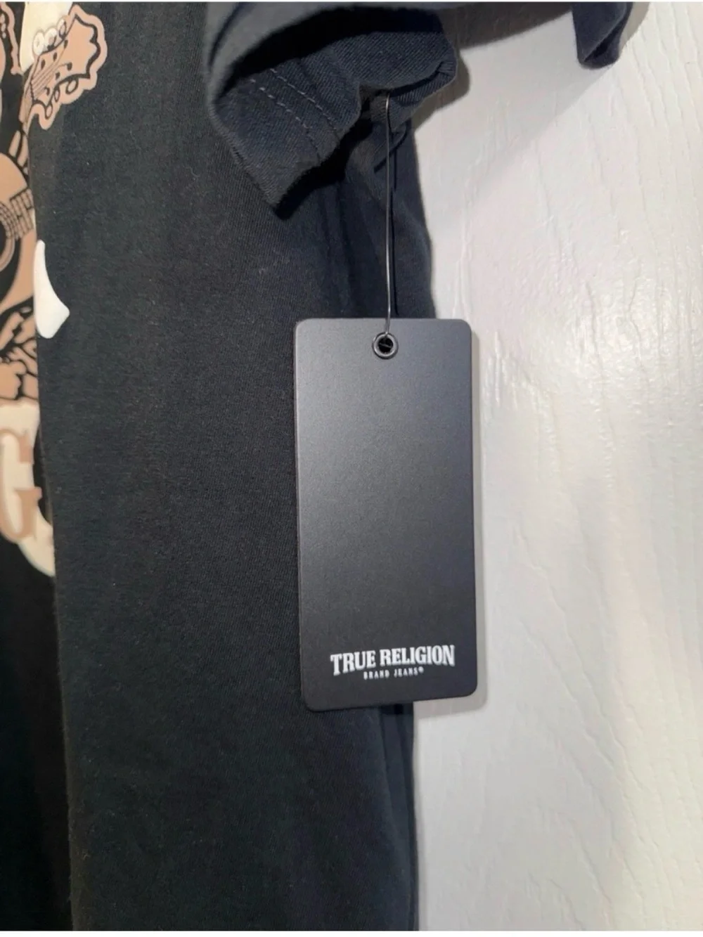True Religion Black Tee with Beige Graphic Logo - Men